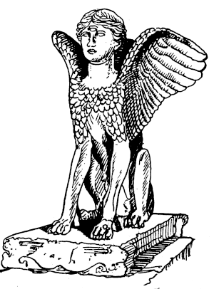 a line drawing of a sphinx statue. it has wings and three eyes.